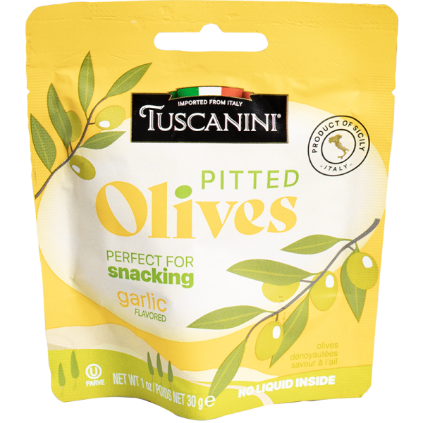 Pitted Olives - Snack Pouch 1oz Garlic 'Tuscanini' NETT!