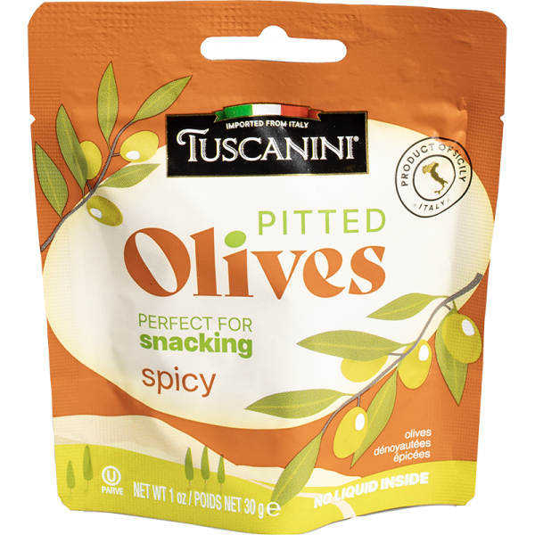 Pitted Olives - Snack Pouch 1oz Spicy 'Tuscanini' NETT!